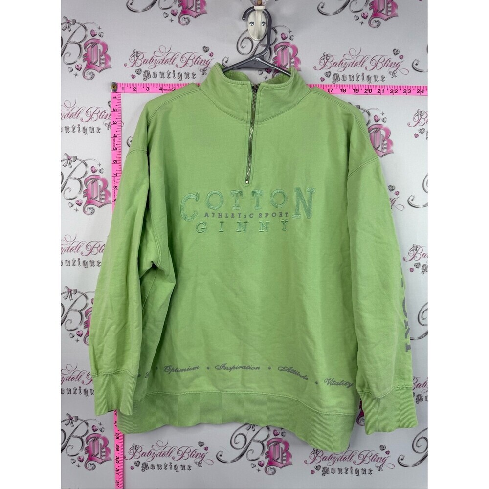 Cotton ginnny sweater vintage Light Green Cotton Quarter-Zip Pullover Sweatshirt